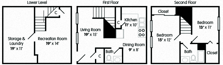 Floor plan for 2 beds, 1.5 baths, 1333 sqft